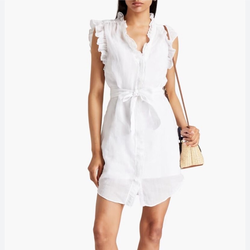 FRAME Lauren Ruffled Mini Shirt Dress Blanc White M